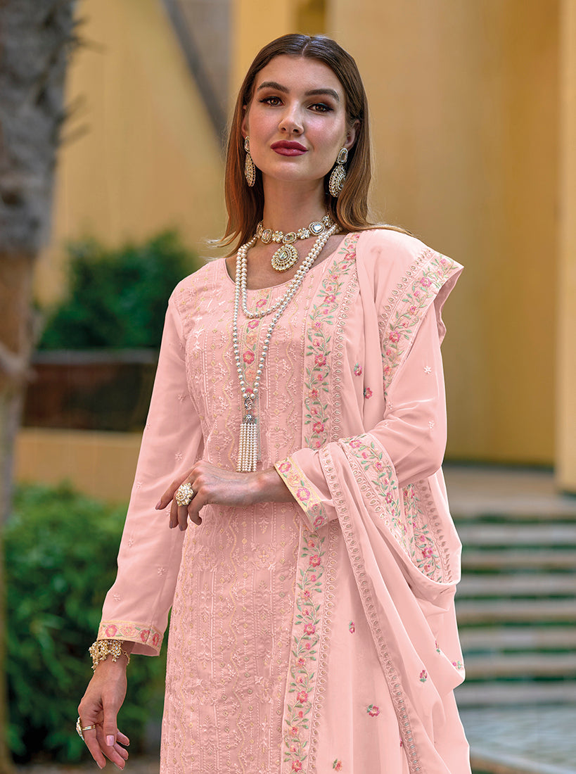 Women's Georgette Peach Embroidered Straight Salwar Suit