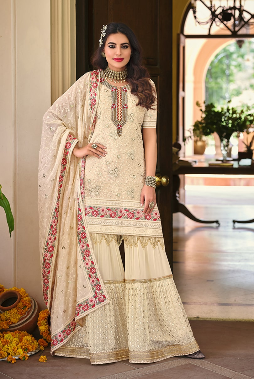 Women's Georgette Designer Salwar Kameez in Cream