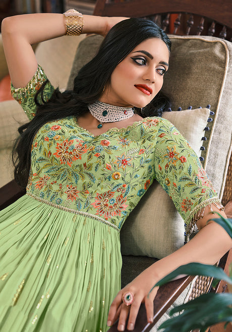 Women's Light Green Georgette Embroidered Anarkali Salwar Suit