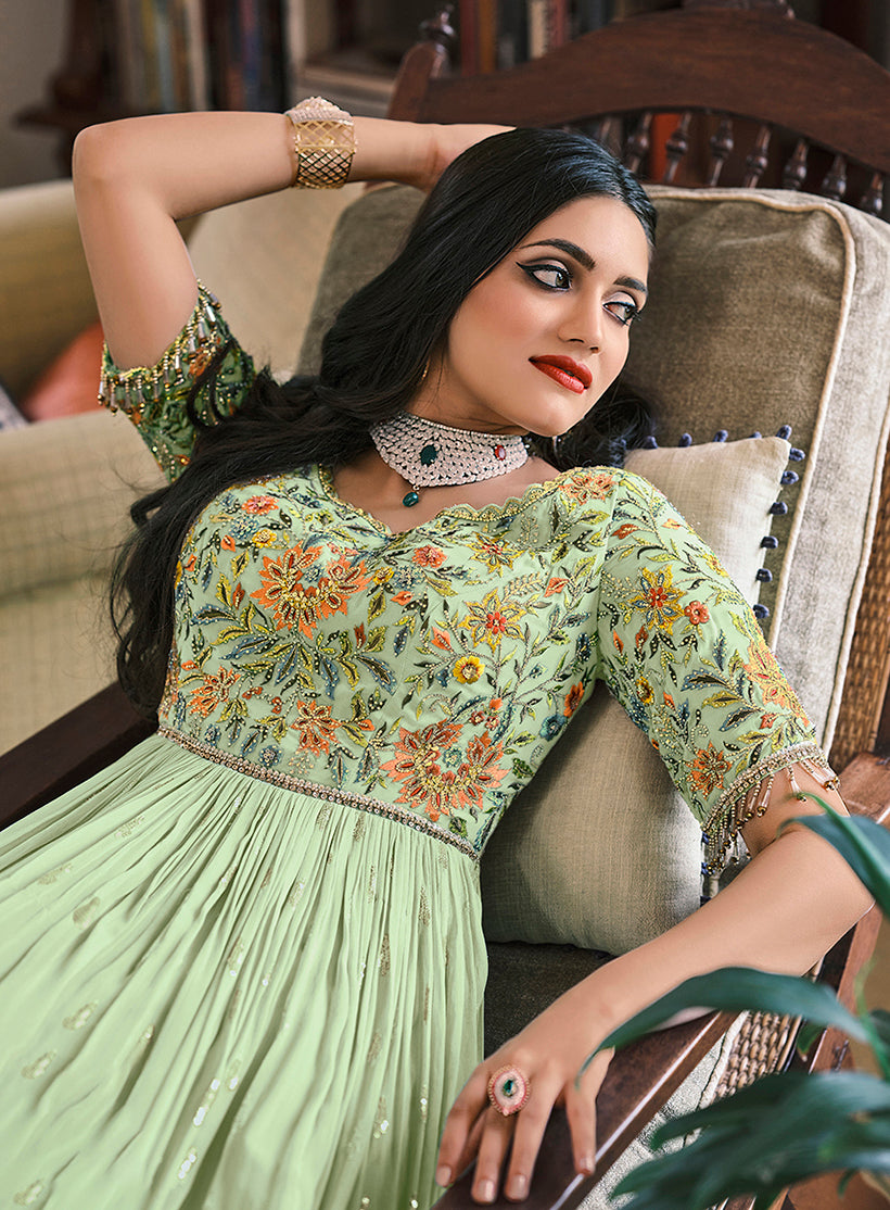 Women's Pistachio Green Georgette Embroidered Anarkali Salwar Suit
