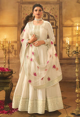 Women's Off White Embroidered Dola Silk Aanarakali Floor Length Suit