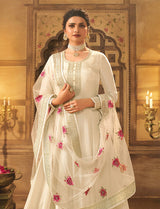 Women's Off White Embroidered Dola Silk Aanarakali Floor Length Suit