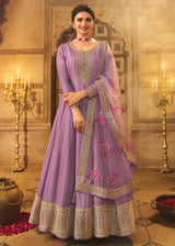 Women's Lavender Embroidered Dola Silk Aanarakali Floor Length Suit