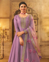 Women's Lavender Embroidered Dola Silk Aanarakali Floor Length Suit