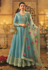 Women's Sky Blue Embroidered Dola Silk Aanarakali Floor Length Suit