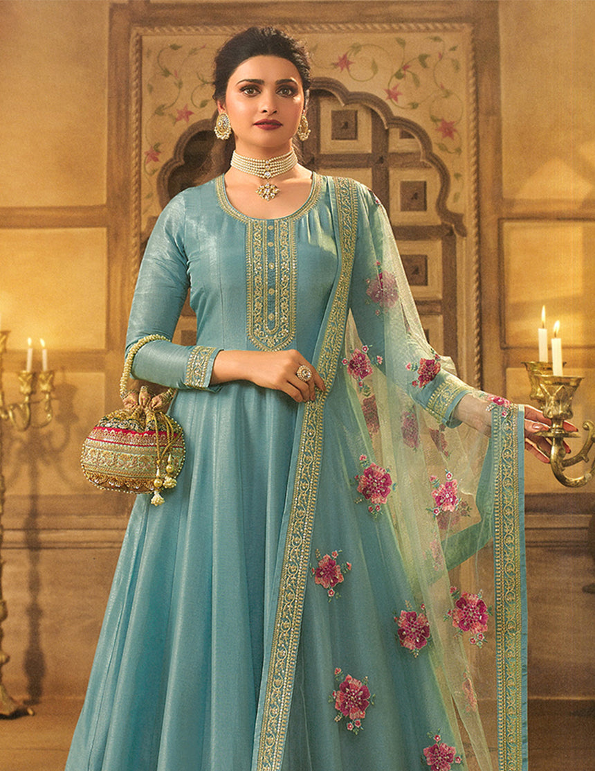 Women's Sky Blue Embroidered Dola Silk Aanarakali Floor Length Suit