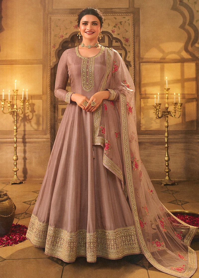 Women's Mauve Embroidered Dola Silk Aanarakali Floor Length Suit