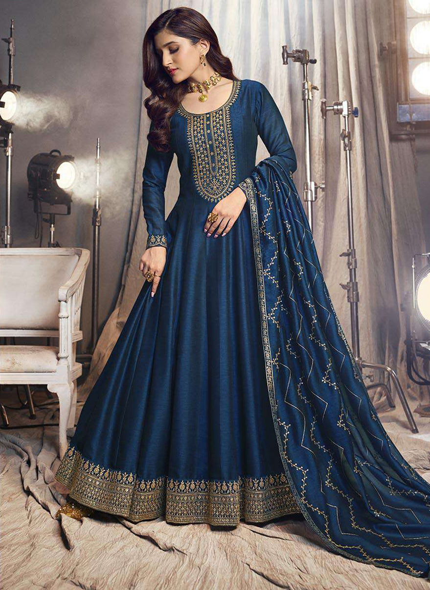 Women's Royal Blue Silk Designer Festival Wear Anarkali Suit