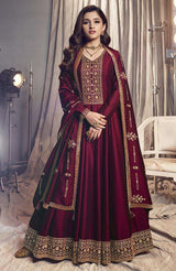 Women's Wine Silk Designer Festival Wear Anarkali Suit