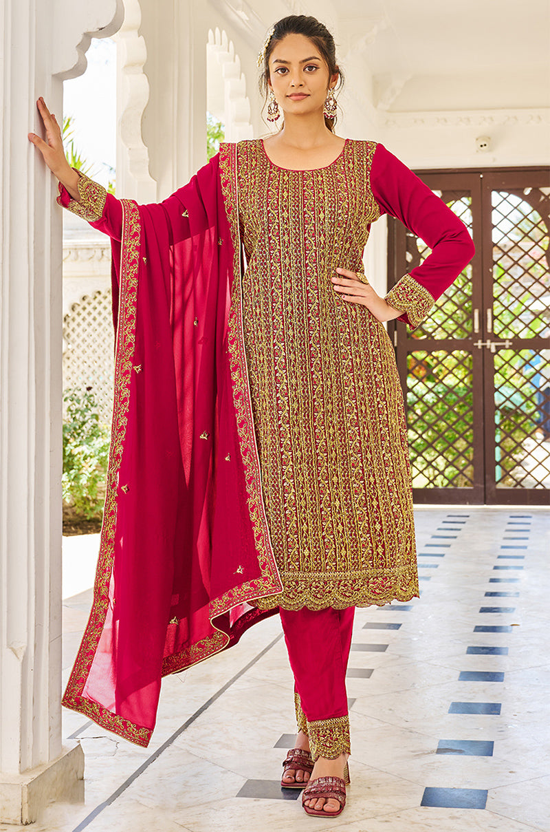 Women's Red Faux Georgette Designer Salwar Suit