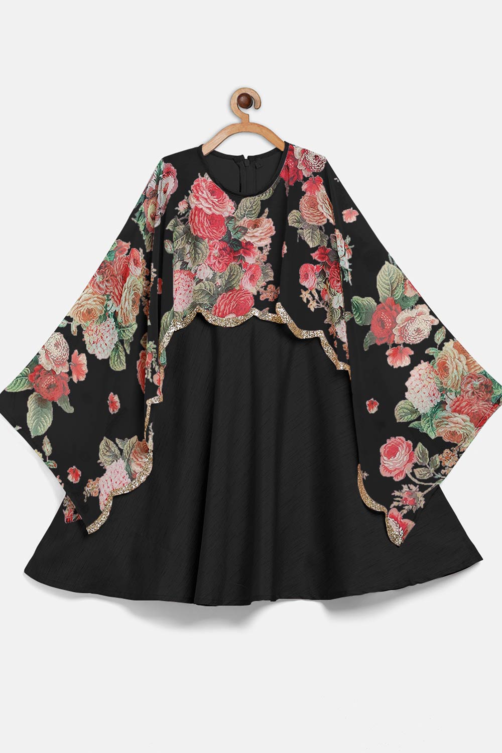 Black Polyester Printed Flared Round Neck Dresses