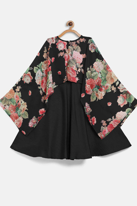 Black Polyester Printed Flared Round Neck Dresses