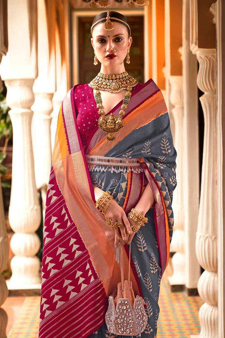 Grey Silk Printed Saree