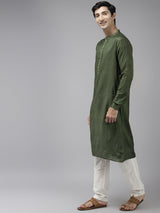 Buy Men's Green Art Silk Woven Thread Work Kurta Pajama Set Online - Front