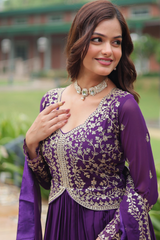 Purple Solid Embroidered Georgette Gown