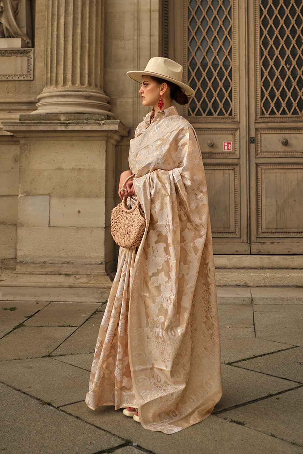 Beige Organza Woven Saree