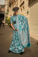 Blue Organza Woven Saree