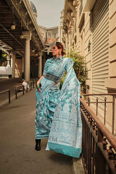 Blue Organza Woven Saree