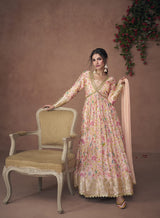 Women's Peach Organza Print Silk Free Size Stitched Trendy Salwar Kameez