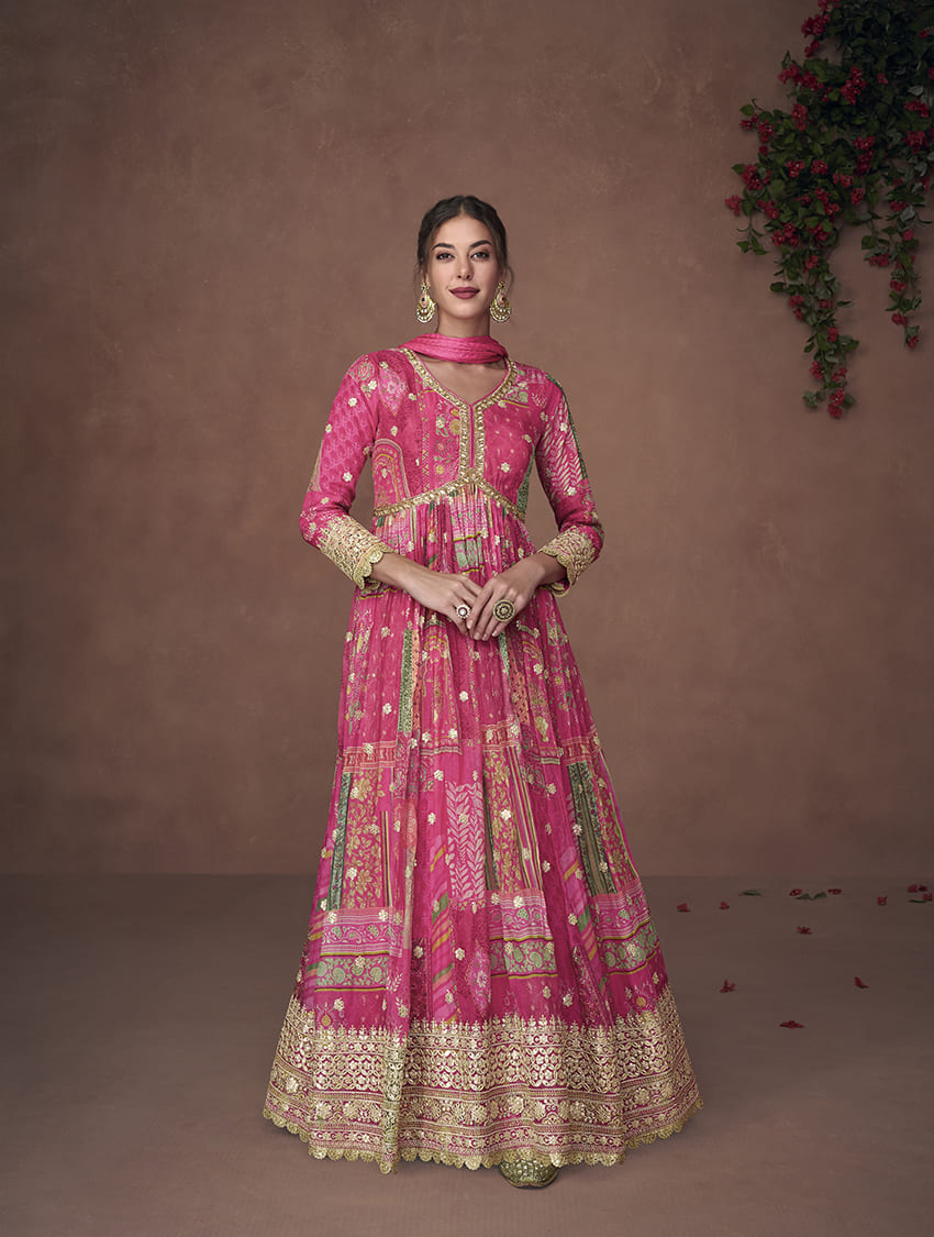 Women's Pink Organza Print Silk Free Size Stitched Trendy Salwar Kameez