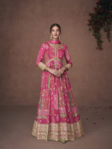 Women's Pink Organza Print Silk Free Size Stitched Trendy Salwar Kameez