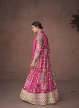 Women's Pink Organza Print Silk Free Size Stitched Trendy Salwar Kameez