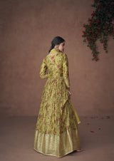 Women's Lime Green Organza Print Silk Free Size Stitched Trendy Salwar Kameez