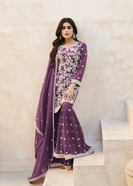 Women's Dark Mauve Georgette Party Palazzo Salwar Suit Free Size Stitched