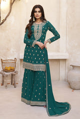 Women's Dark Teal Georgette Party Palazzo Salwar Suit Free Size Stitched