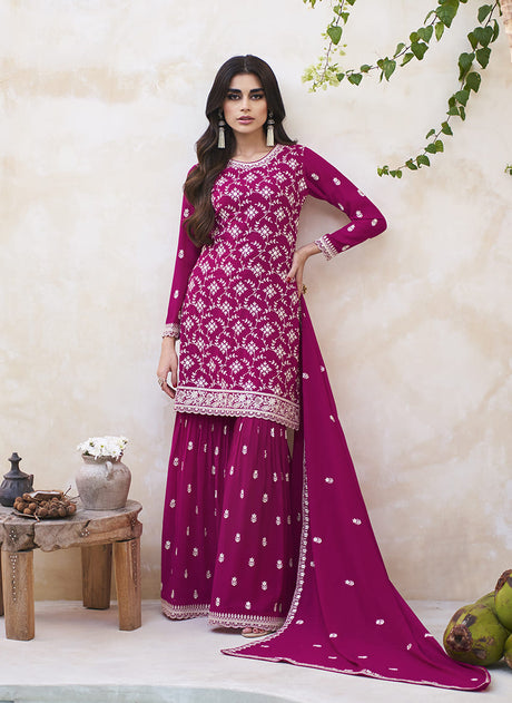 Women's Dark Pink Georgette Party Palazzo Salwar Suit Free Size Stitched