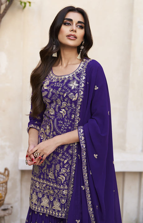 Women's Dark Violet Georgette Party Palazzo Salwar Suit Free Size Stitched