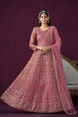 Pink Net Embroidered Round Neck Ethnic Suit Set