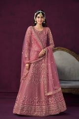 Pink Net Embroidered Round Neck Ethnic Suit Set