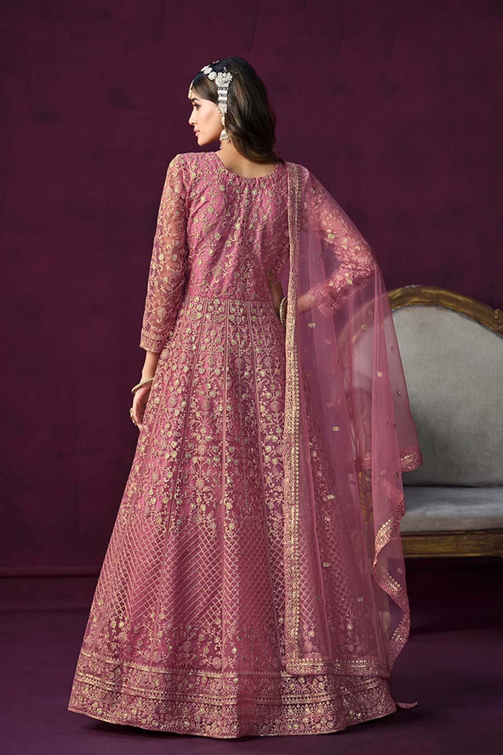 Pink Net Embroidered Round Neck Ethnic Suit Set