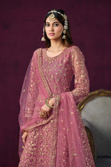 Pink Net Embroidered Round Neck Ethnic Suit Set