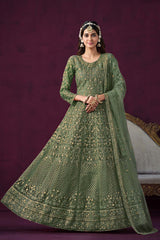 Green Net Embroidered Round Neck Ethnic Suit Set