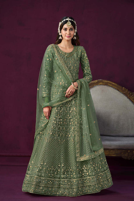 Green Net Embroidered Round Neck Ethnic Suit Set