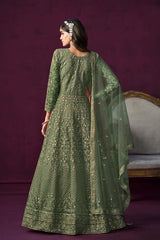 Green Net Embroidered Round Neck Ethnic Suit Set