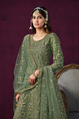 Green Net Embroidered Round Neck Ethnic Suit Set