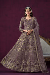 Mauve Net Embroidered Round Neck Ethnic Suit Set