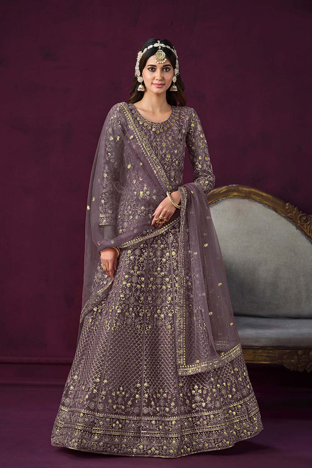 Mauve Net Embroidered Round Neck Ethnic Suit Set