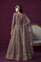 Mauve Net Embroidered Round Neck Ethnic Suit Set