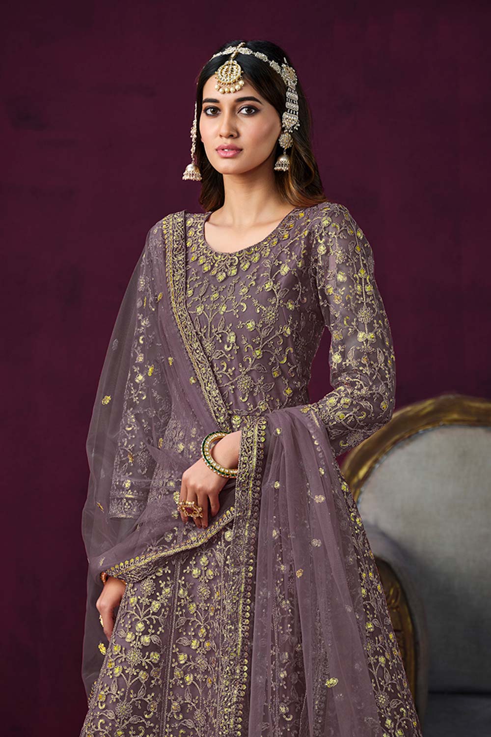 Mauve Net Embroidered Round Neck Ethnic Suit Set