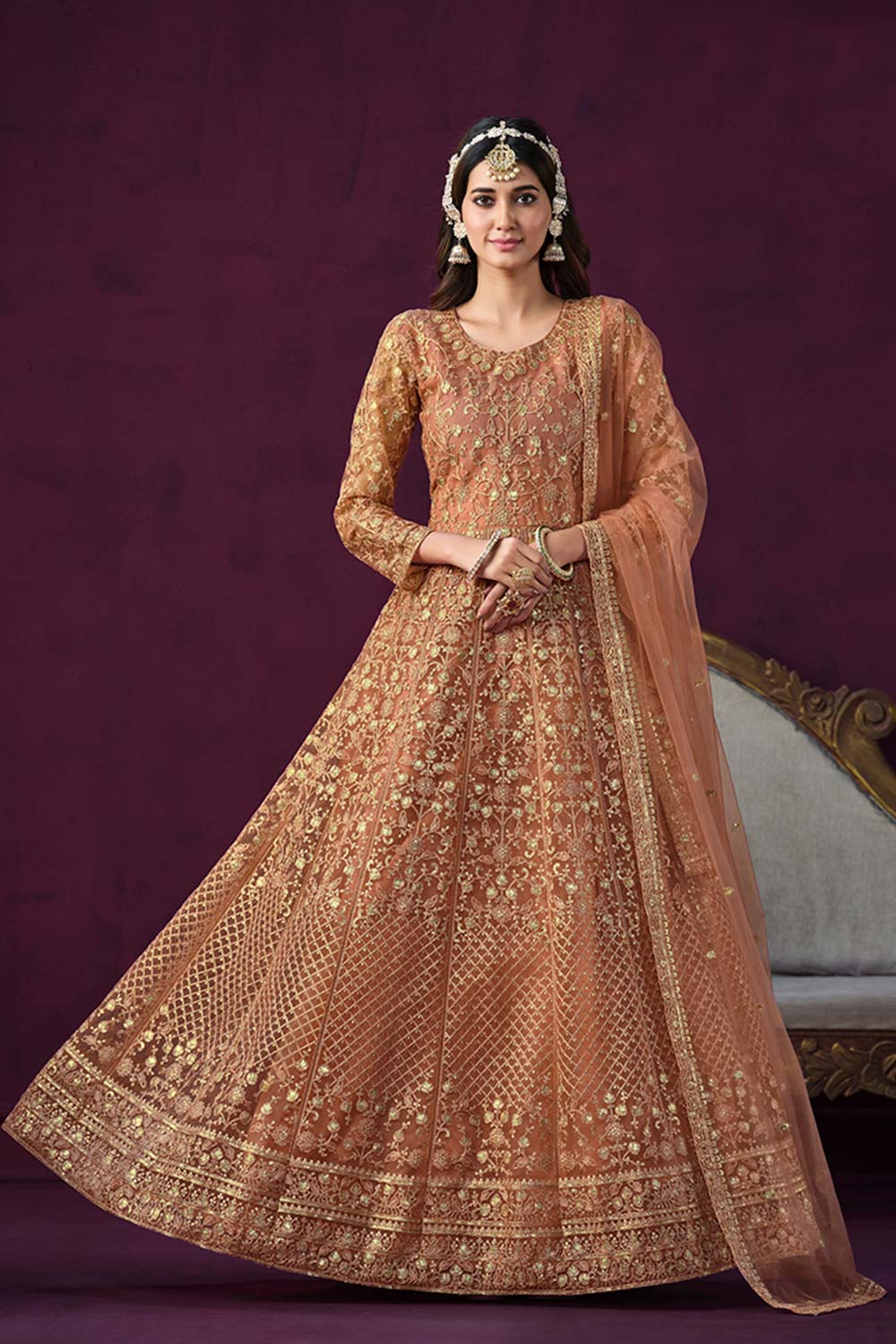 Light-Orange Net Embroidered Round Neck Ethnic Suit Set