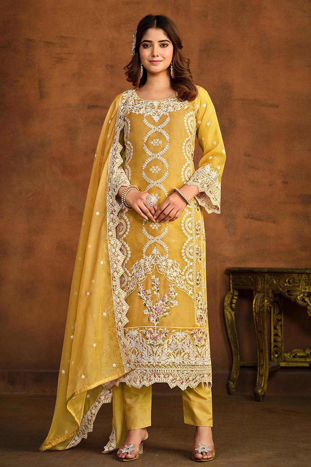 Yellow Organza Resham Embroidery Round Neck Salwar Kameez