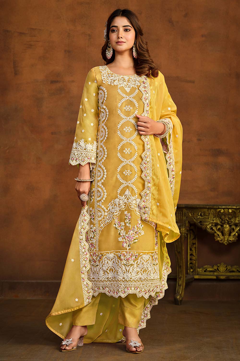 Yellow Organza Resham Embroidery Round Neck Salwar Kameez