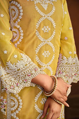 Yellow Organza Resham Embroidery Round Neck Salwar Kameez