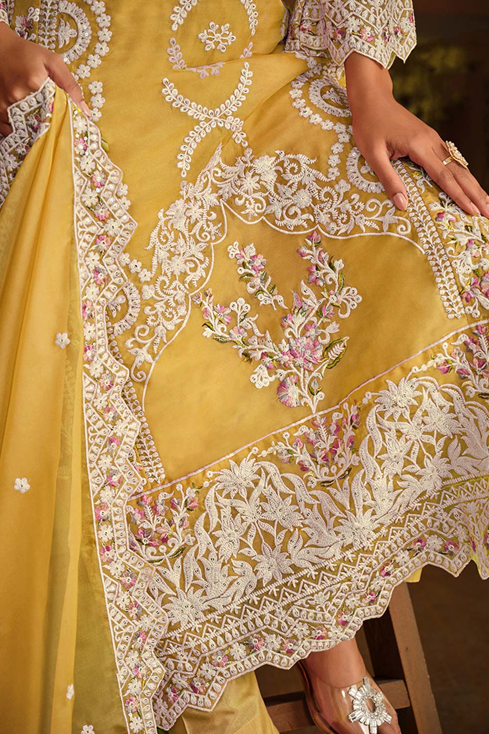 Yellow Organza Resham Embroidery Round Neck Salwar Kameez