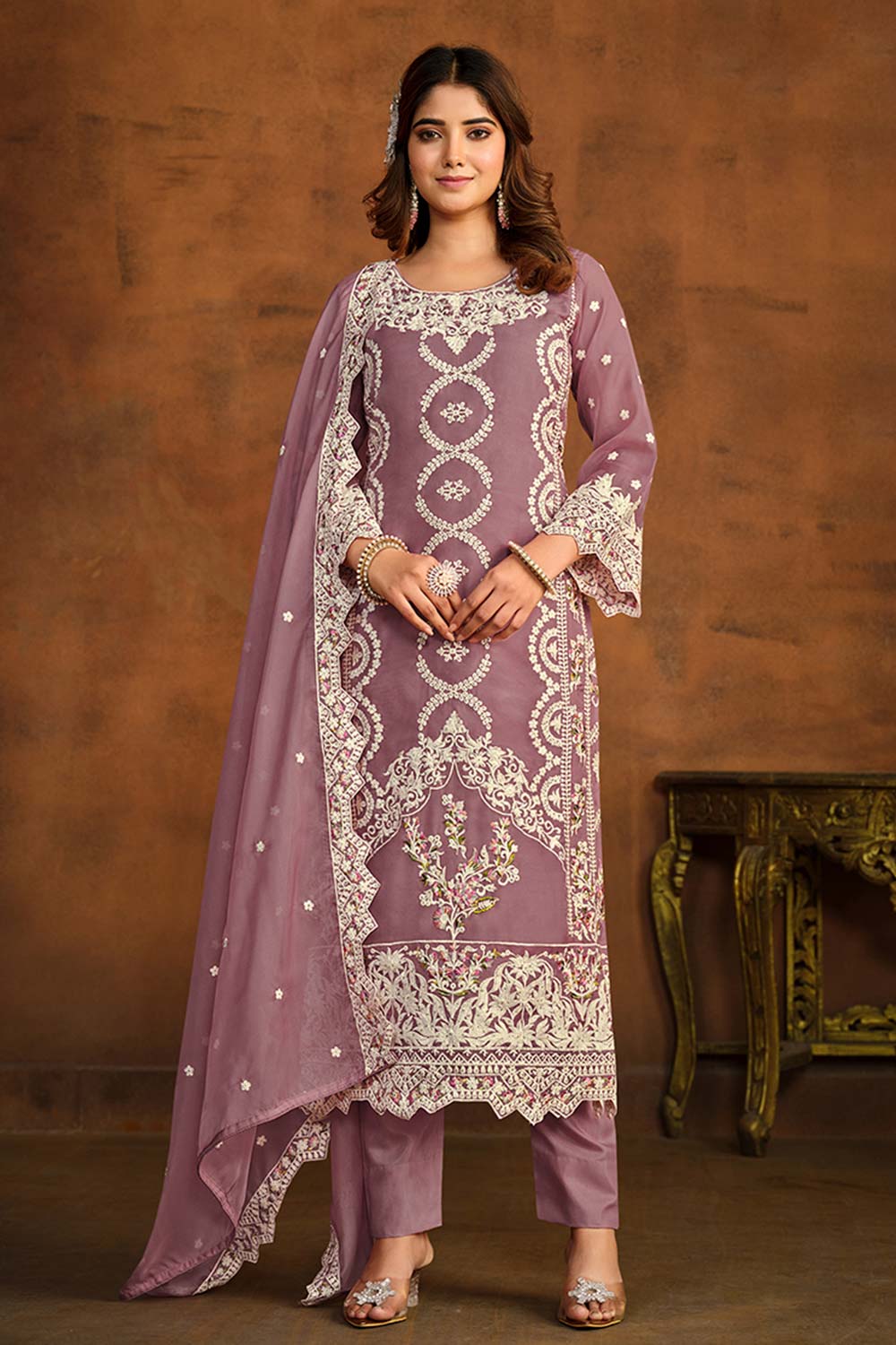 Mauve Organza Resham Embroidery Round Neck Salwar Kameez