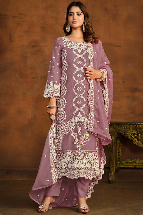 Mauve Organza Resham Embroidery Round Neck Salwar Kameez